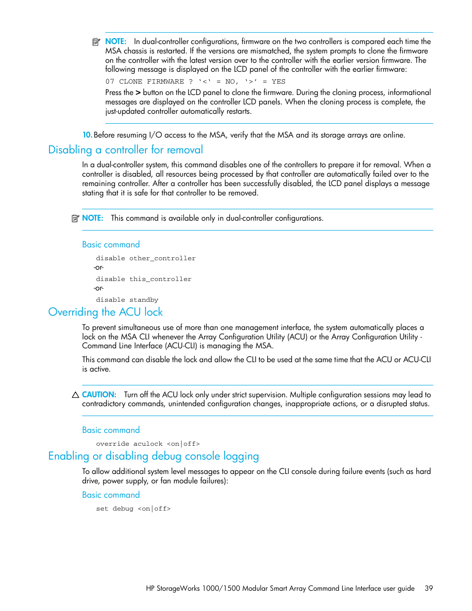 Disabling a controller for removal, Overriding the acu lock, Enabling or disabling debug console logging | Basic command | HP StorageWorks 1000 Modular Smart Array User Manual | Page 39 / 52