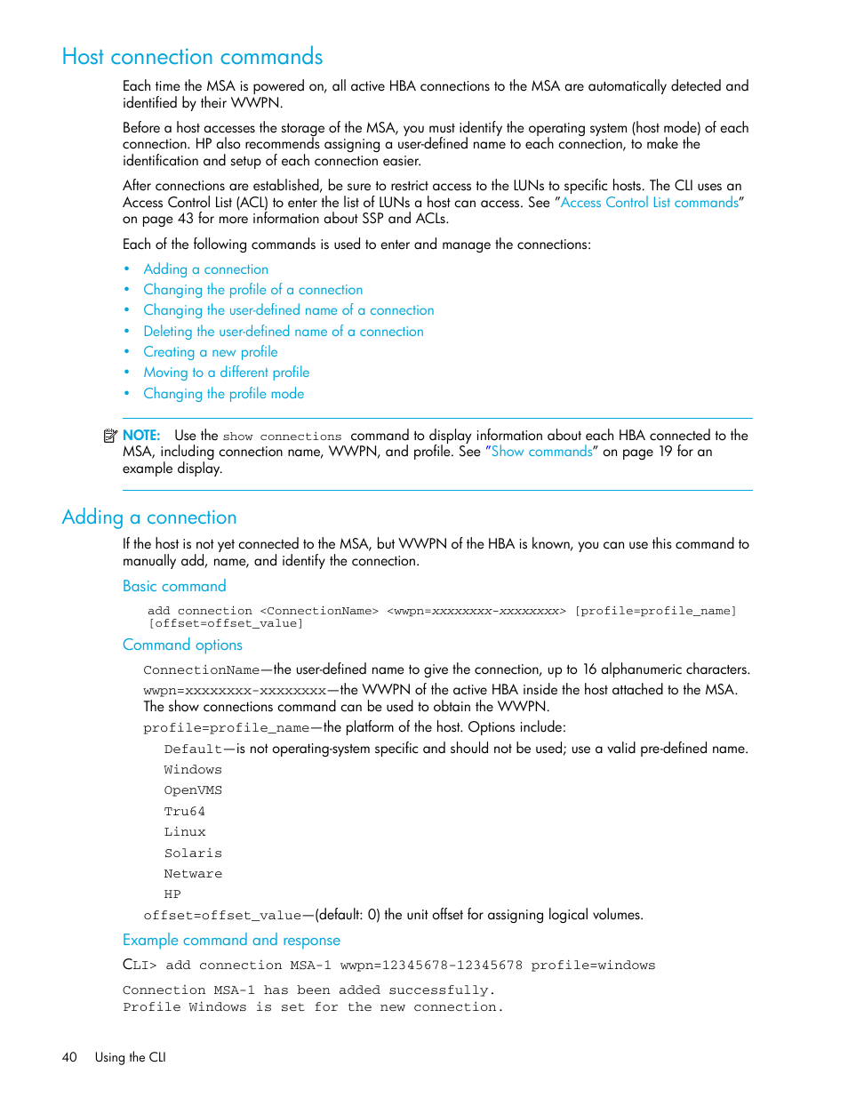 Host connection commands, Adding a connection, Basic command | Command options, Example command and response | HP StorageWorks 1000 Modular Smart Array User Manual | Page 40 / 52