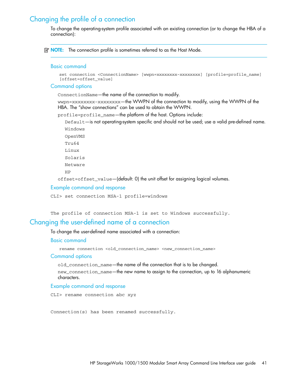 Changing the profile of a connection, Changing the user-defined name of a connection, Basic command | Command options, Example command and response | HP StorageWorks 1000 Modular Smart Array User Manual | Page 41 / 52