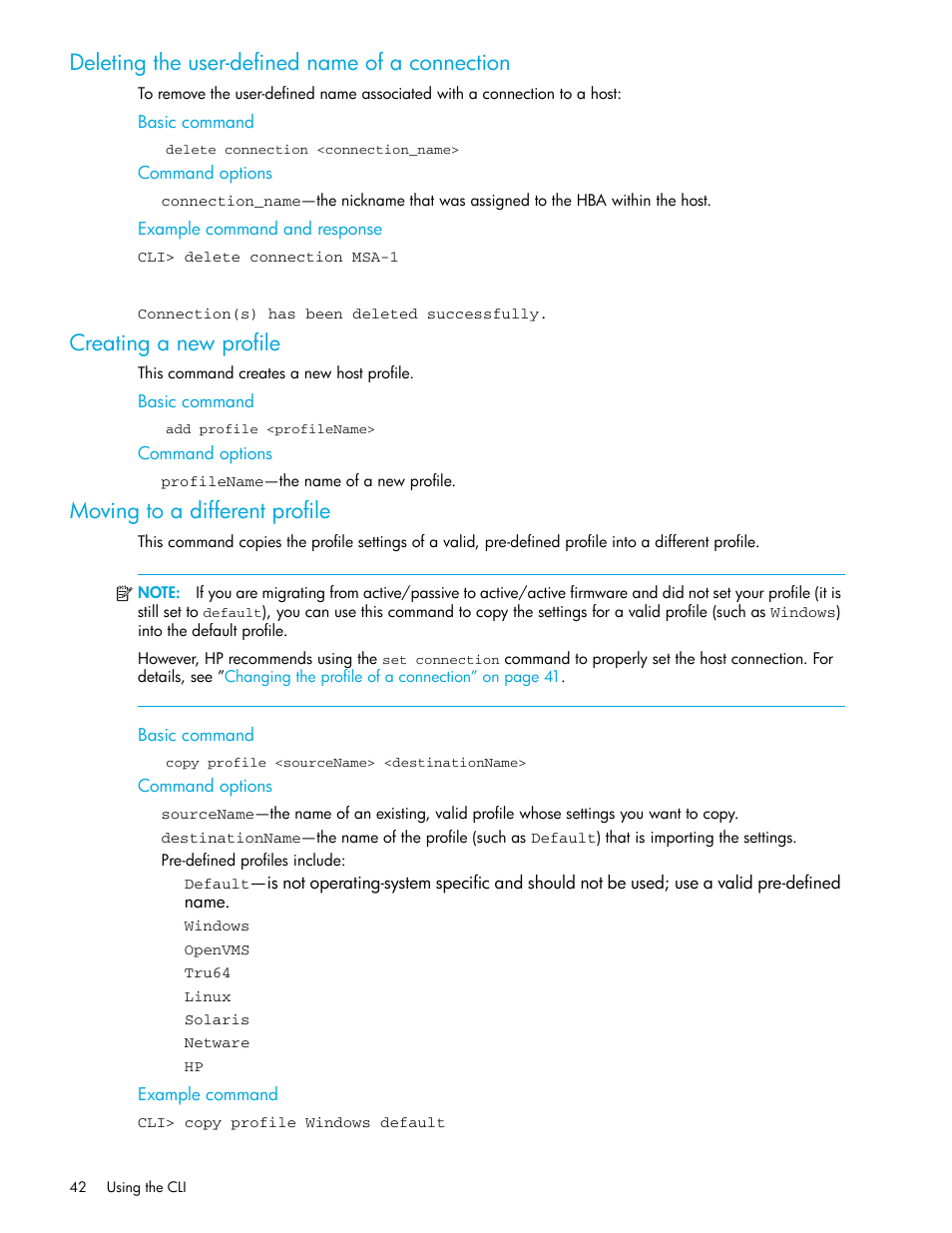 Deleting the user-defined name of a connection, Creating a new profile, Moving to a different profile | Basic command, Command options, Example command and response, Example command | HP StorageWorks 1000 Modular Smart Array User Manual | Page 42 / 52