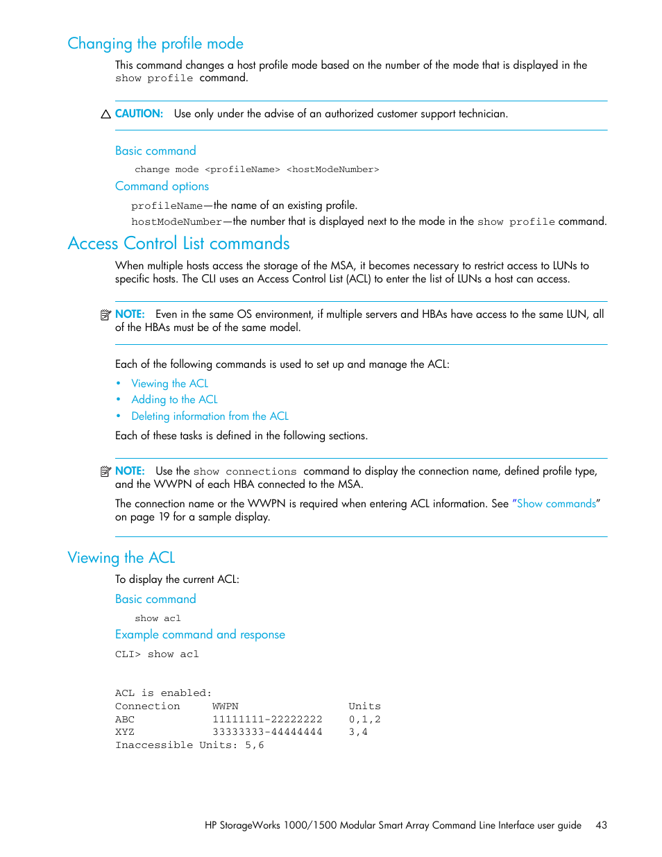 Changing the profile mode, Access control list commands, Viewing the acl | Basic command, Command options, Example command and response | HP StorageWorks 1000 Modular Smart Array User Manual | Page 43 / 52