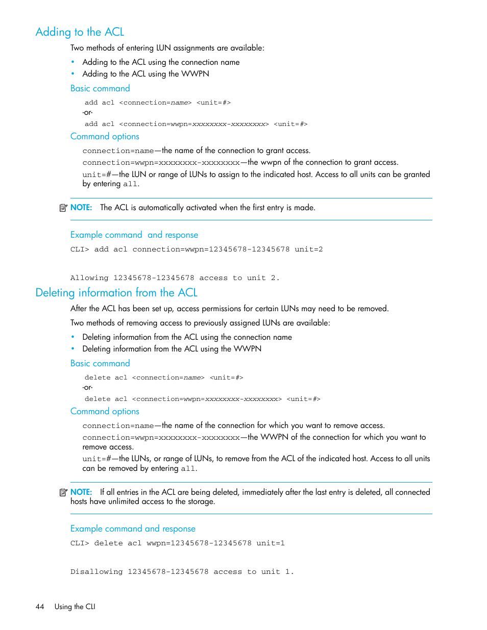 Adding to the acl, Deleting information from the acl, Basic command | Command options, Example command and response | HP StorageWorks 1000 Modular Smart Array User Manual | Page 44 / 52