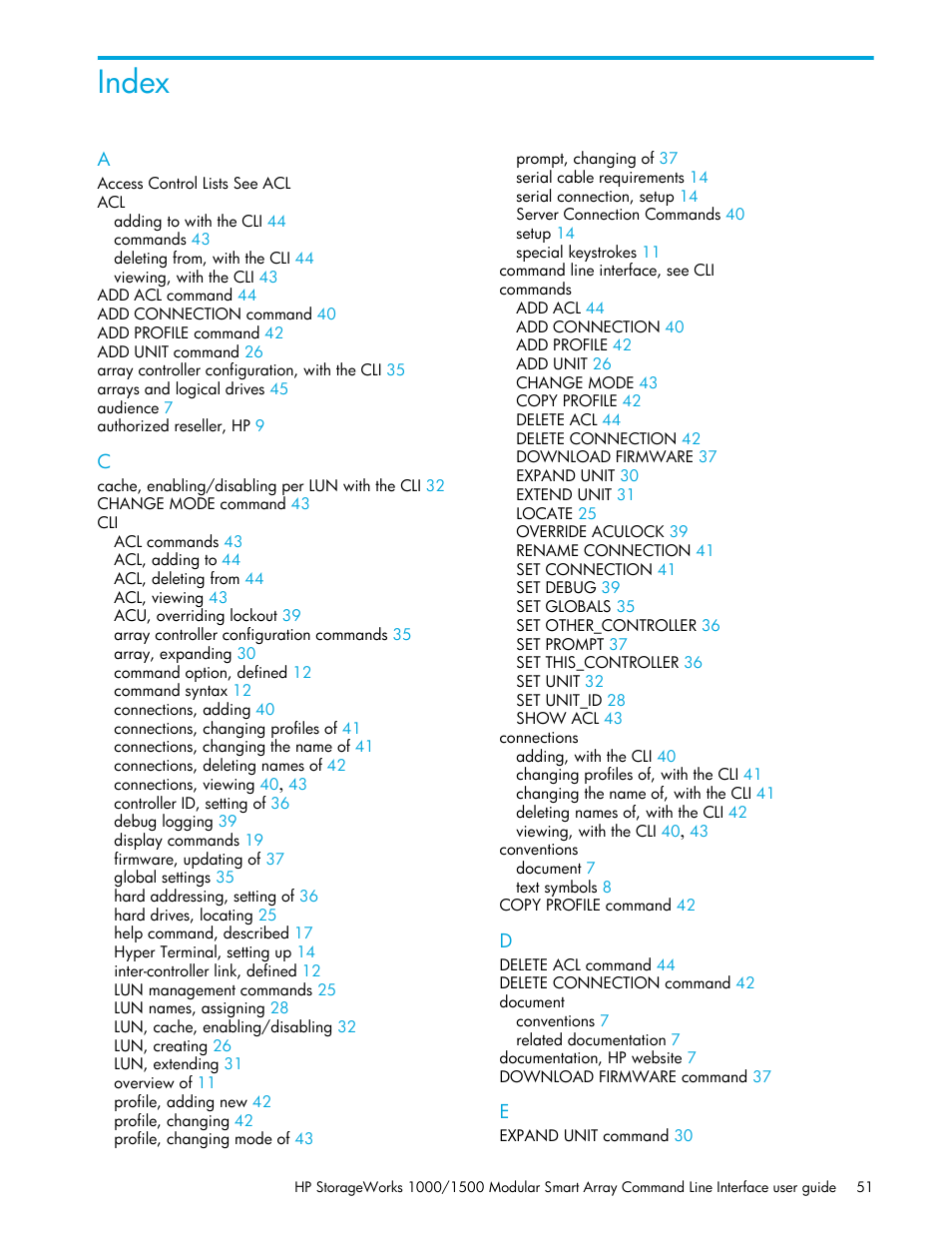 Index | HP StorageWorks 1000 Modular Smart Array User Manual | Page 51 / 52