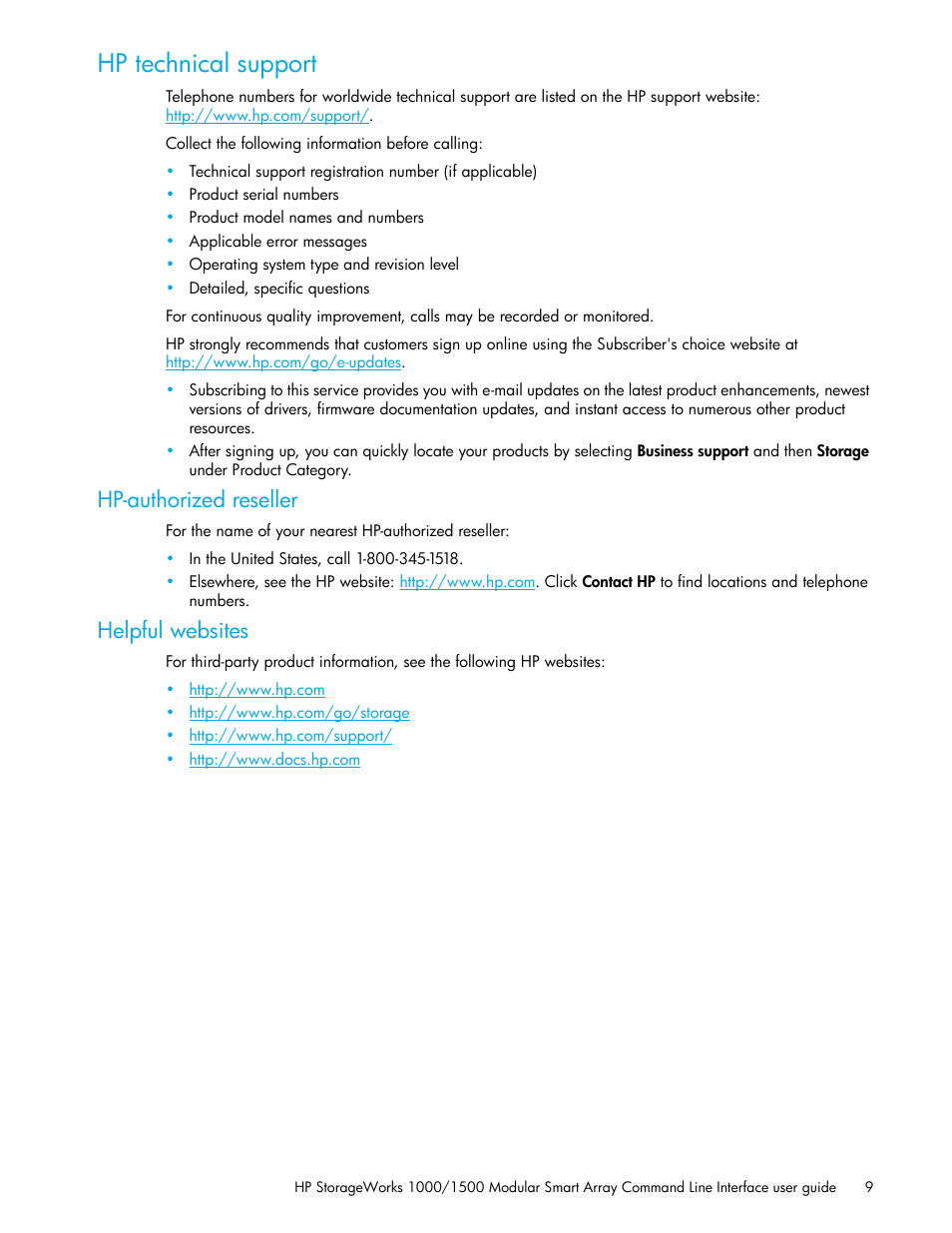 Hp technical support, Hp-authorized reseller, Helpful websites | HP StorageWorks 1000 Modular Smart Array User Manual | Page 9 / 52