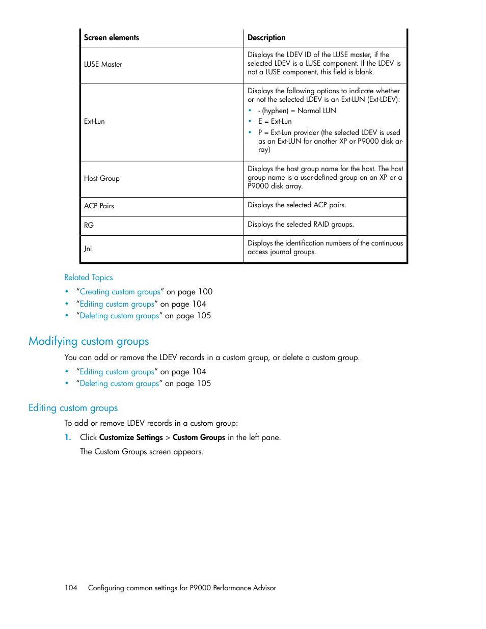 Modifying custom groups, Editing custom groups | HP XP P9000 Performance Advisor Software User Manual | Page 104 / 476