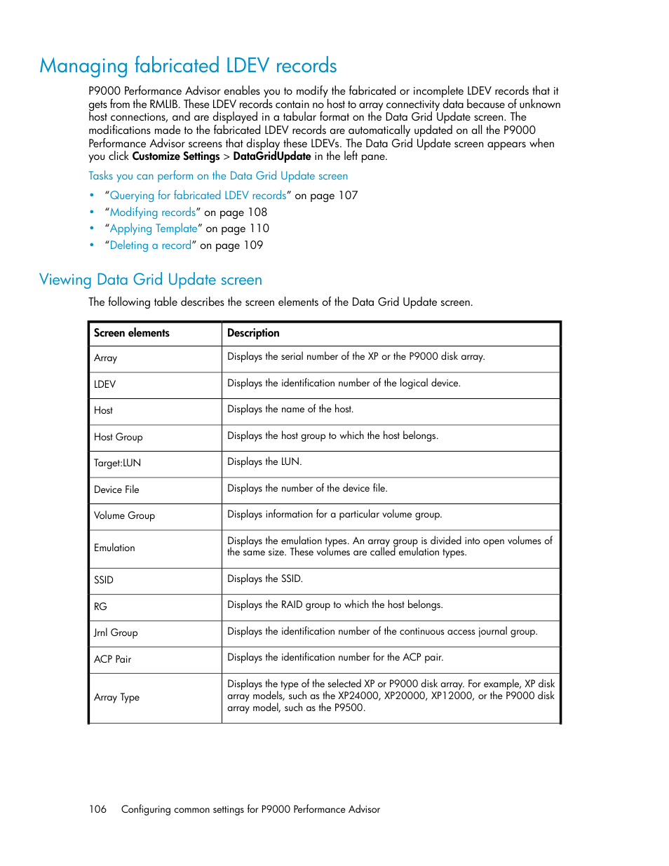 Managing fabricated ldev records, Viewing data grid update screen | HP XP P9000 Performance Advisor Software User Manual | Page 106 / 476