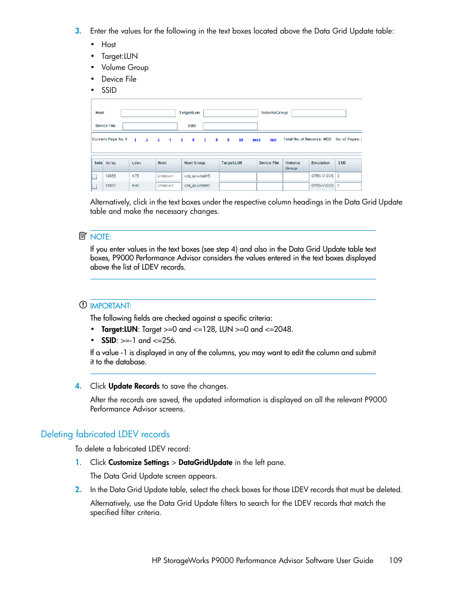 Deleting fabricated ldev records, Deleting a record | HP XP P9000 Performance Advisor Software User Manual | Page 109 / 476
