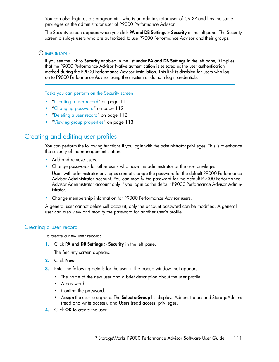 Creating and editing user profiles, Creating a user record | HP XP P9000 Performance Advisor Software User Manual | Page 111 / 476