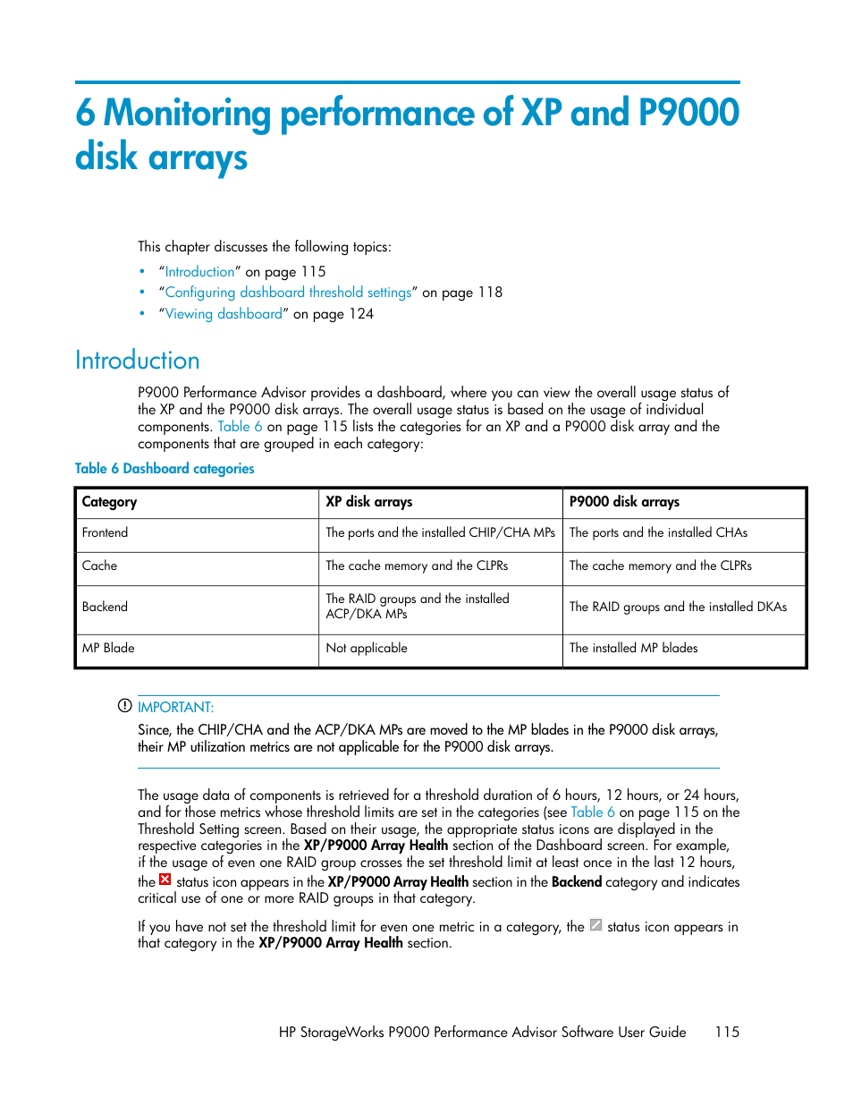 Introduction, Dashboard categories | HP XP P9000 Performance Advisor Software User Manual | Page 115 / 476