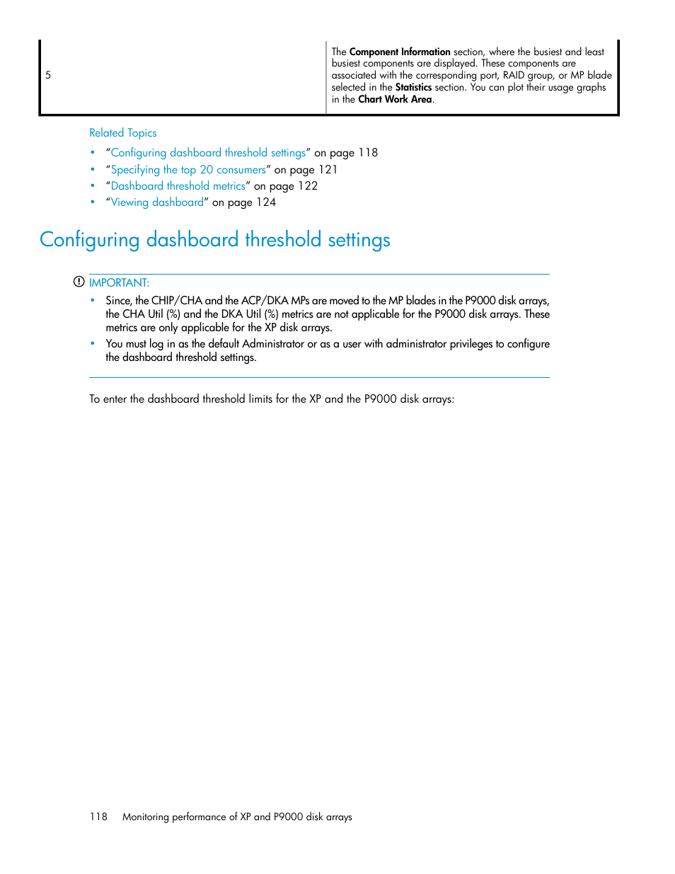 Configuring dashboard threshold settings, Configuring, Dashboard threshold settings | HP XP P9000 Performance Advisor Software User Manual | Page 118 / 476