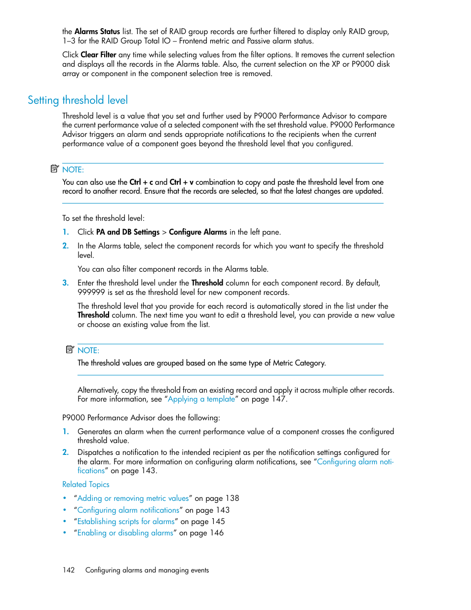 Setting threshold level, Setting threshold, Level | HP XP P9000 Performance Advisor Software User Manual | Page 142 / 476