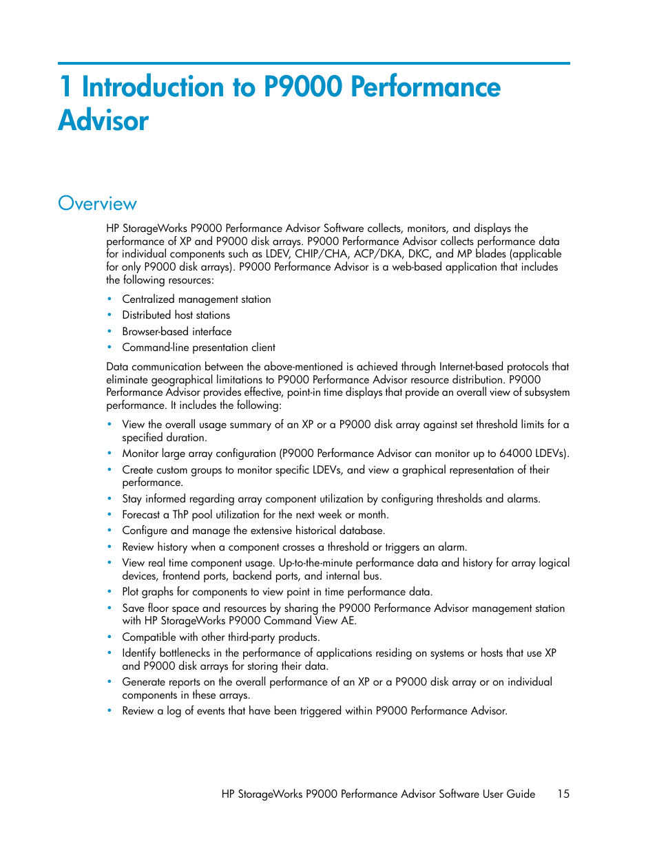 1 introduction to p9000 performance advisor, Overview | HP XP P9000 Performance Advisor Software User Manual | Page 15 / 476