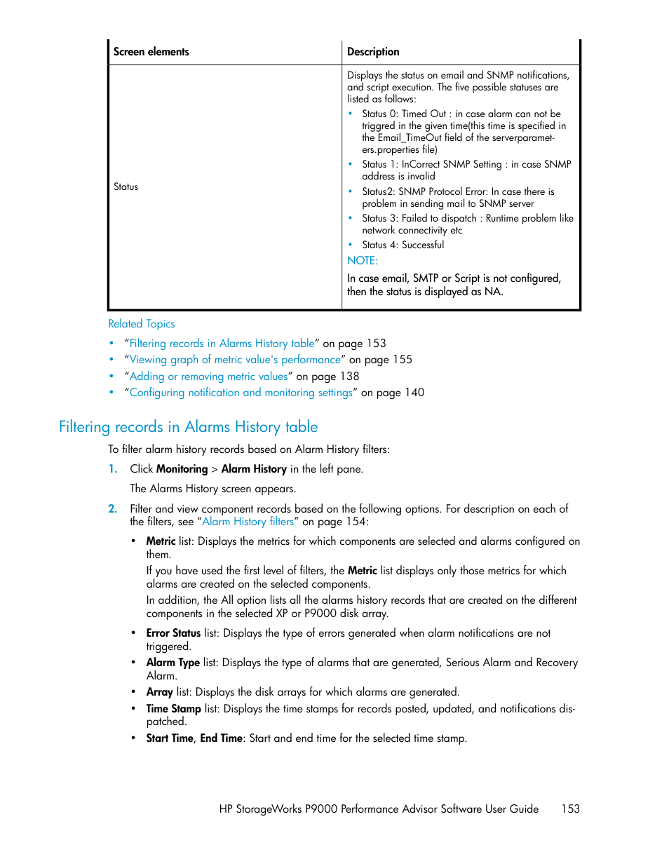 Filtering records in alarms history table | HP XP P9000 Performance Advisor Software User Manual | Page 153 / 476