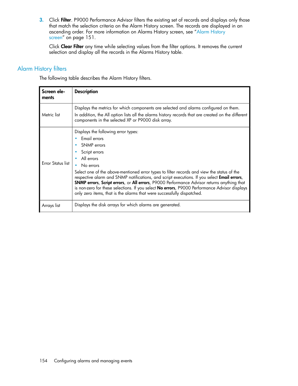 Alarm history filters | HP XP P9000 Performance Advisor Software User Manual | Page 154 / 476