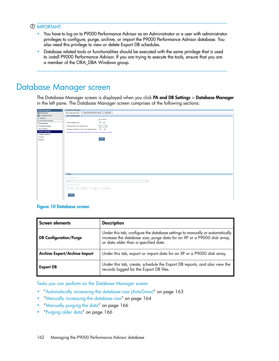 Database manager screen, Database screen | HP XP P9000 Performance Advisor Software User Manual | Page 162 / 476