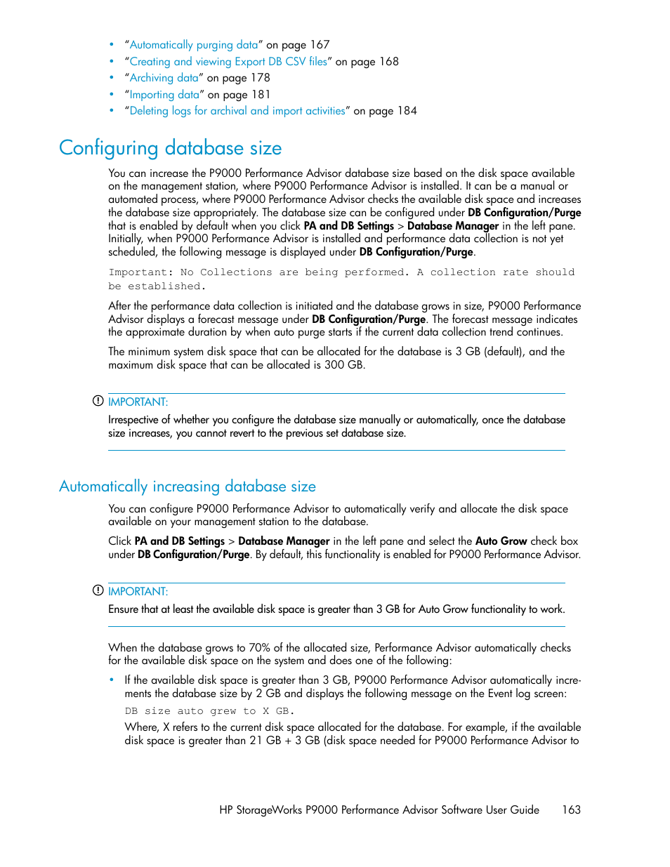 Configuring database size, Automatically increasing database size | HP XP P9000 Performance Advisor Software User Manual | Page 163 / 476