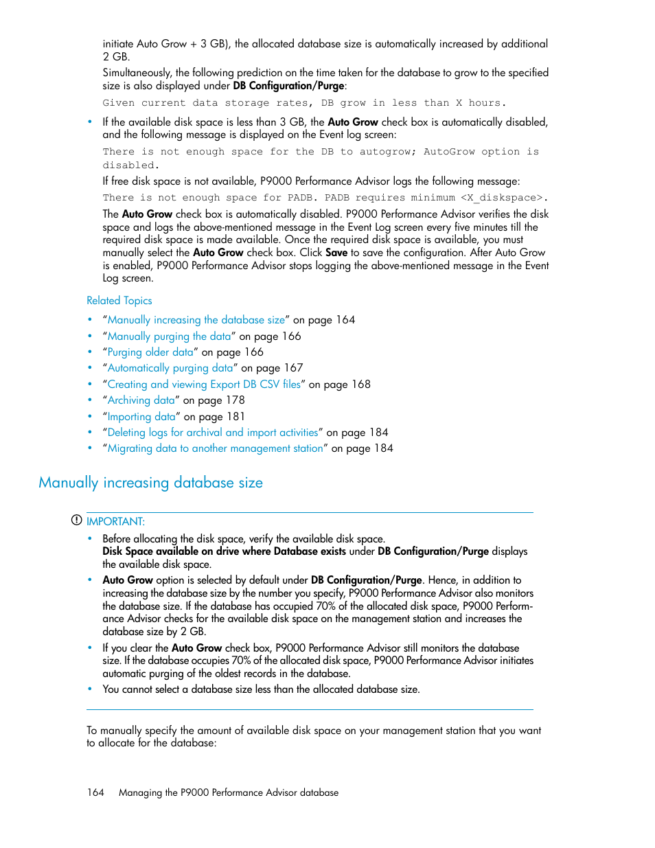 Manually increasing database size, Manually increasing the database size | HP XP P9000 Performance Advisor Software User Manual | Page 164 / 476