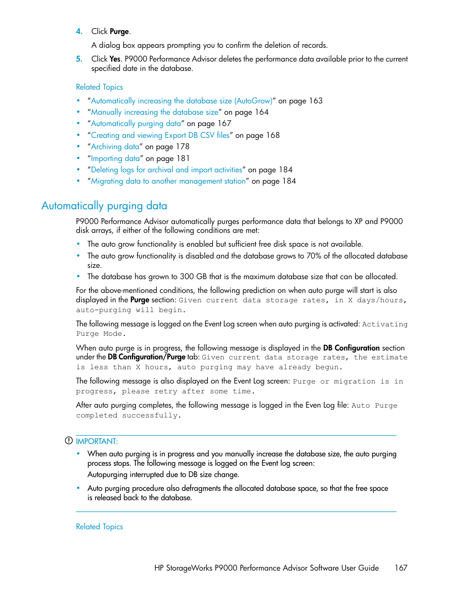 Automatically purging data | HP XP P9000 Performance Advisor Software User Manual | Page 167 / 476