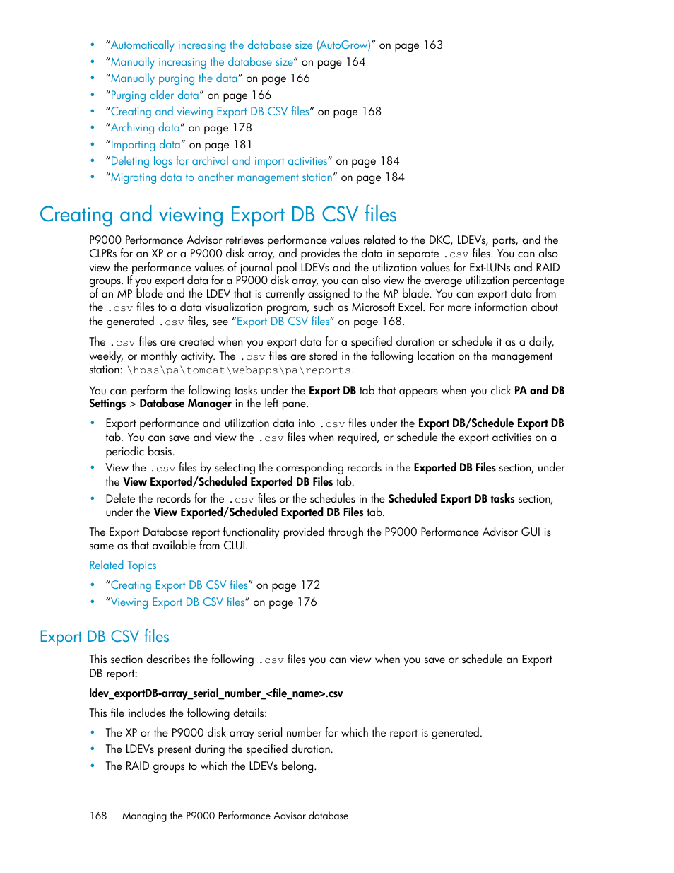 Creating and viewing export db csv files, Export db csv files | HP XP P9000 Performance Advisor Software User Manual | Page 168 / 476