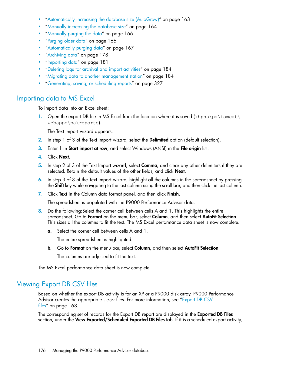 Importing data to ms excel, Viewing export db csv files, 176 viewing export db csv files | HP XP P9000 Performance Advisor Software User Manual | Page 176 / 476