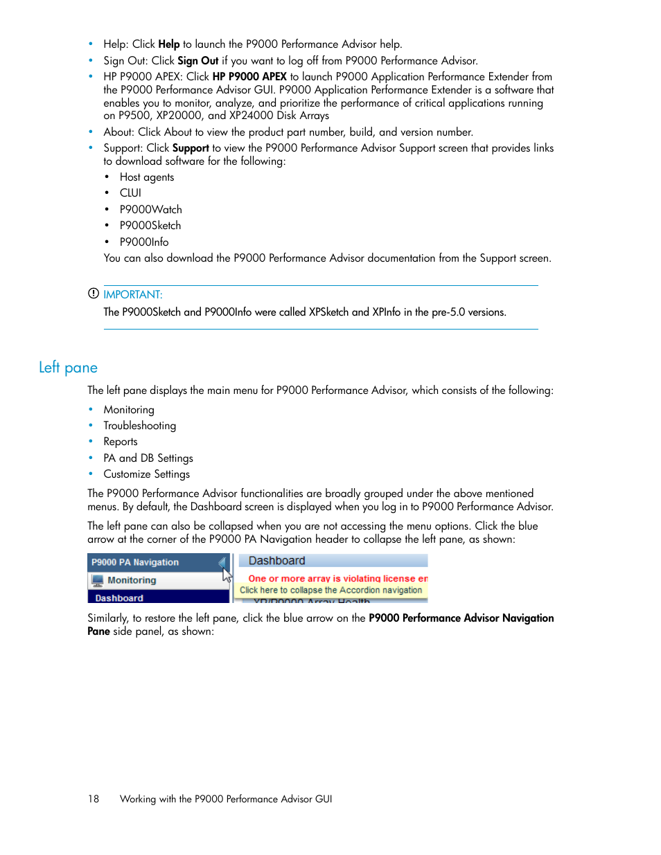 Left pane | HP XP P9000 Performance Advisor Software User Manual | Page 18 / 476