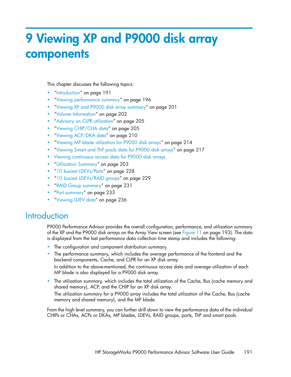 9 viewing xp and p9000 disk array components, Introduction, Chapter 9 | HP XP P9000 Performance Advisor Software User Manual | Page 191 / 476
