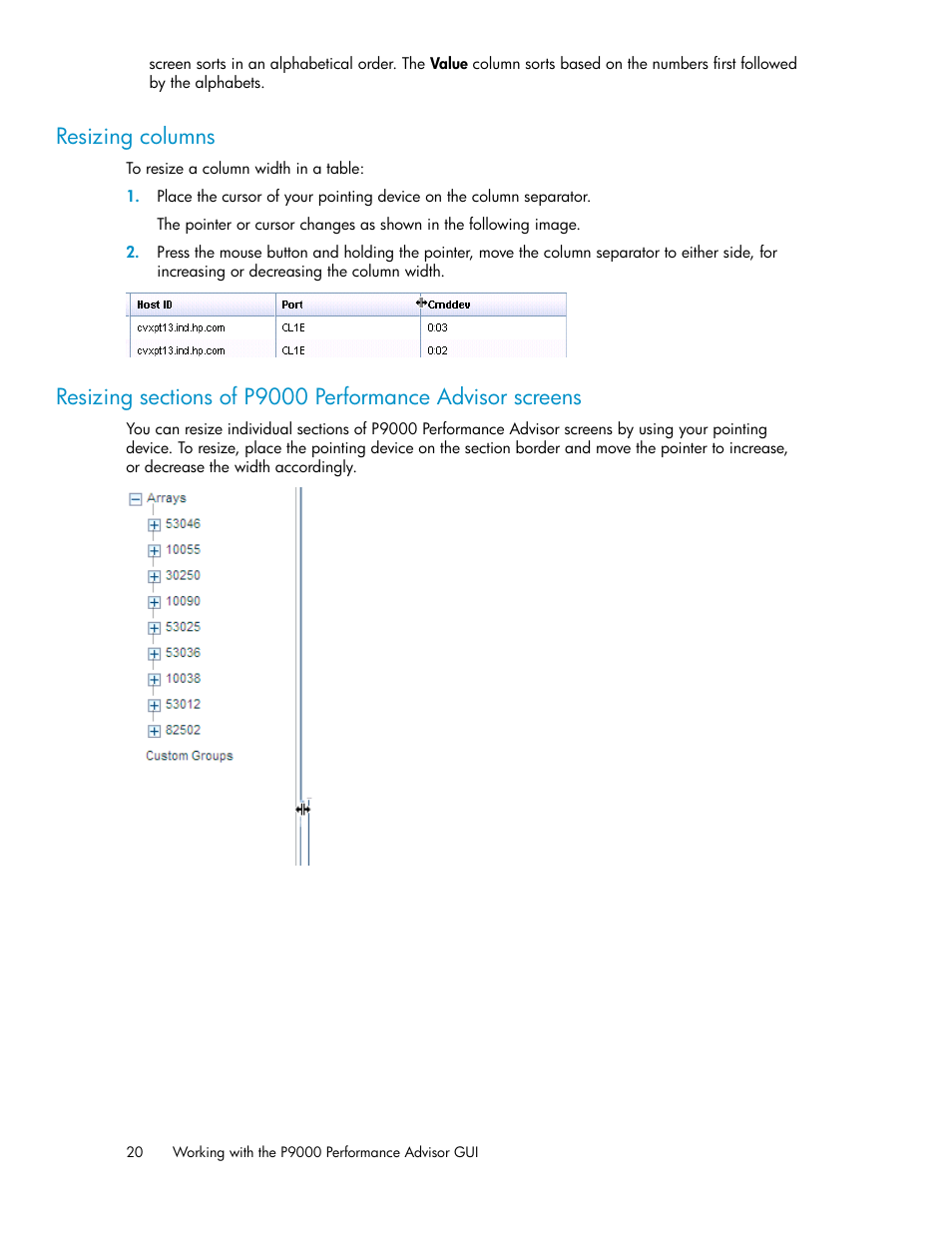Resizing columns | HP XP P9000 Performance Advisor Software User Manual | Page 20 / 476