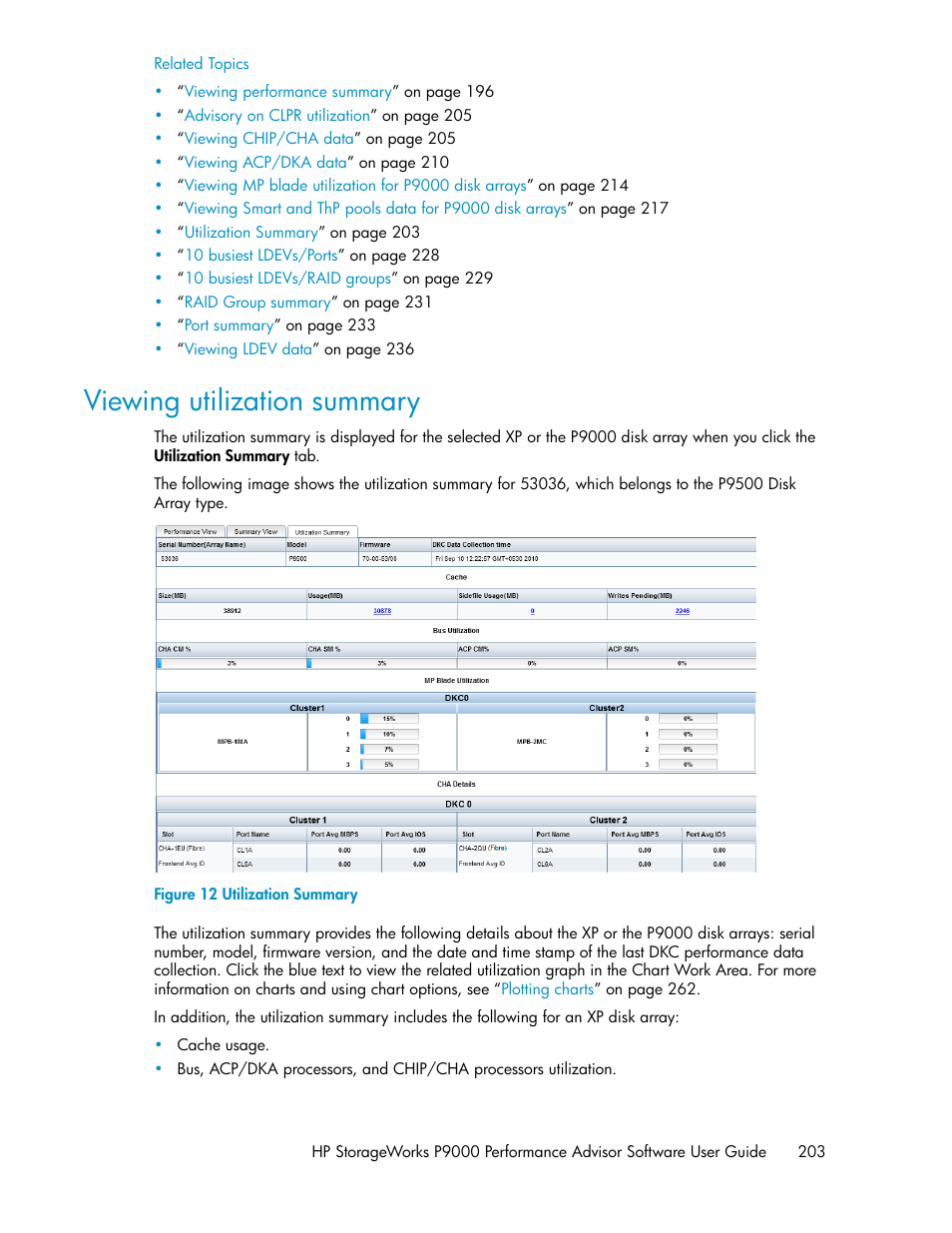 Viewing utilization summary, Utilization summary | HP XP P9000 Performance Advisor Software User Manual | Page 203 / 476