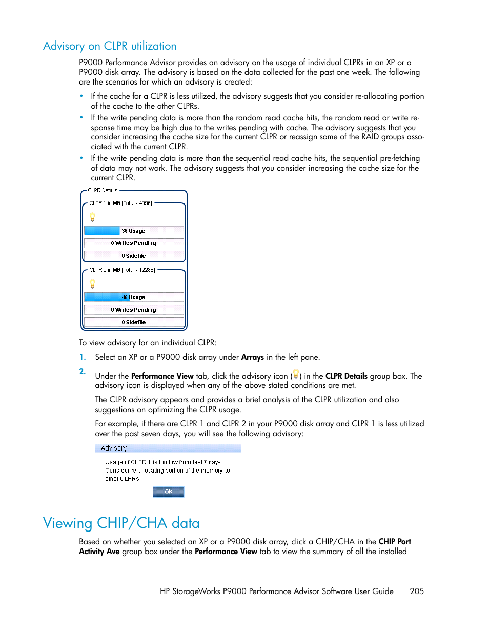 Advisory on clpr utilization, Viewing chip/cha data, Viewing chip/cha | Data, Viewing, Chip/cha data, Advisory on clpr, Utilization, Advisory, On clpr utilization | HP XP P9000 Performance Advisor Software User Manual | Page 205 / 476