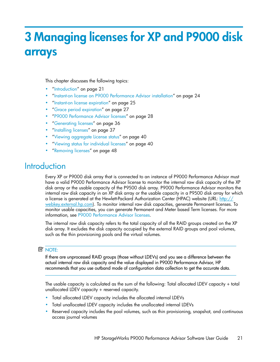 3 managing licenses for xp and p9000 disk arrays, Introduction | HP XP P9000 Performance Advisor Software User Manual | Page 21 / 476