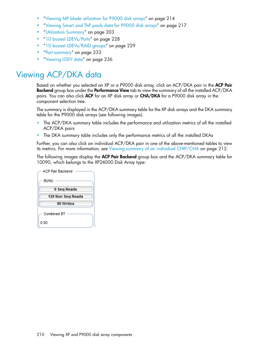 Viewing acp/dka data, Viewing acp/dka, Data | Viewing, Acp/dka data | HP XP P9000 Performance Advisor Software User Manual | Page 210 / 476