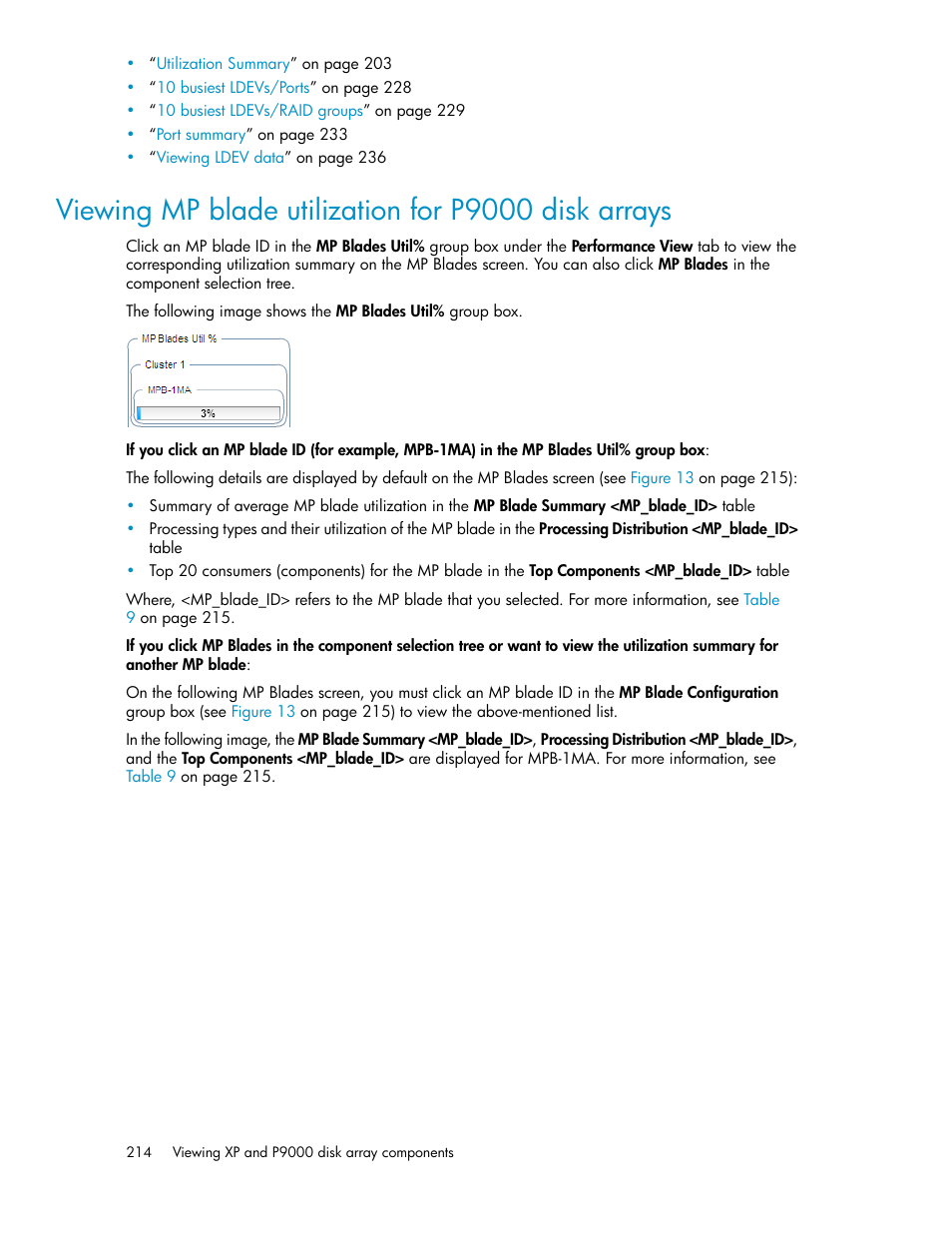 Viewing mp blade utilization for p9000 disk arrays, Viewing mp blade utiliz, Ation for p9000 disk ar- rays | Viewing mp, Blade utilization for p9000 disk arrays, Viewing mp blade, Utilization for p9000 disk arrays | HP XP P9000 Performance Advisor Software User Manual | Page 214 / 476