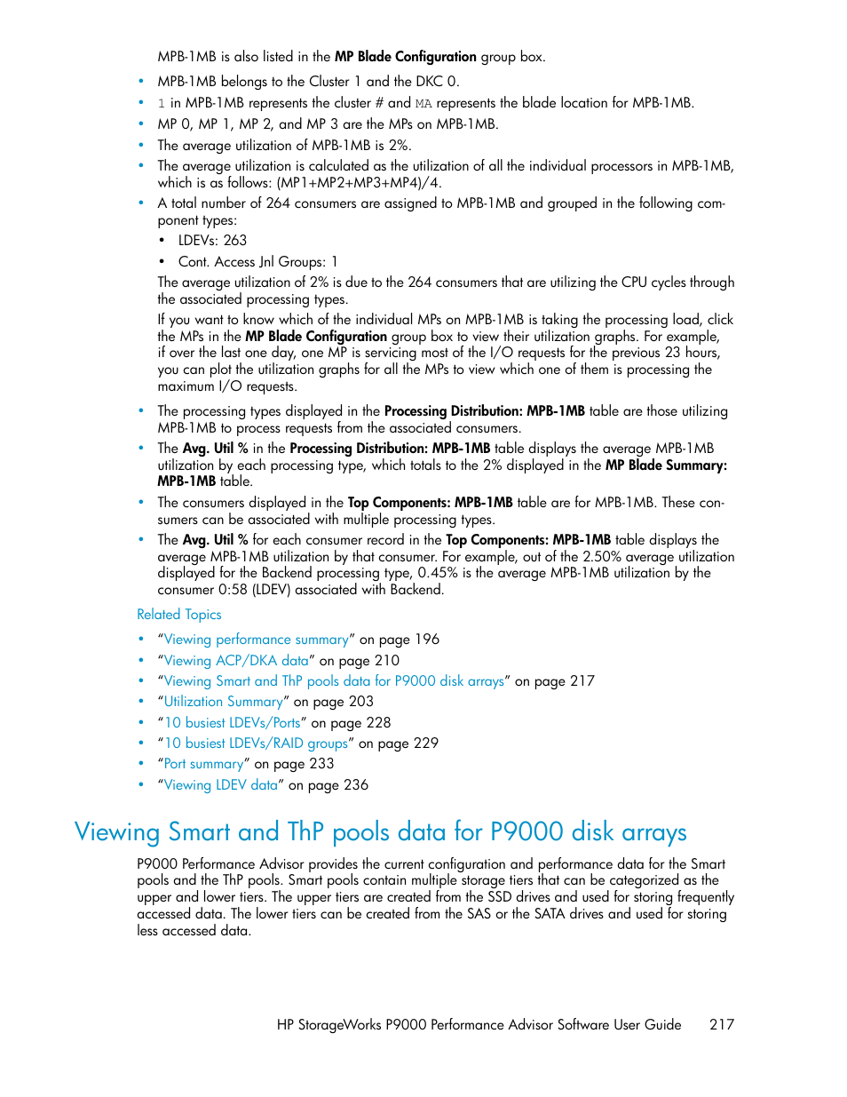 Viewing smart and thp, Pools data for p9000 disk arrays | HP XP P9000 Performance Advisor Software User Manual | Page 217 / 476