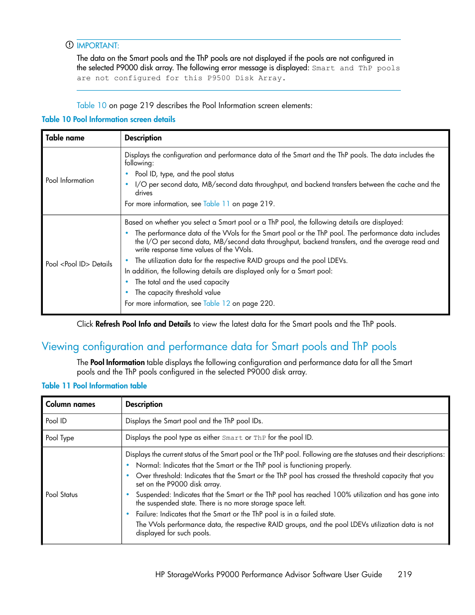 Pool information screen details, Pool information table | HP XP P9000 Performance Advisor Software User Manual | Page 219 / 476