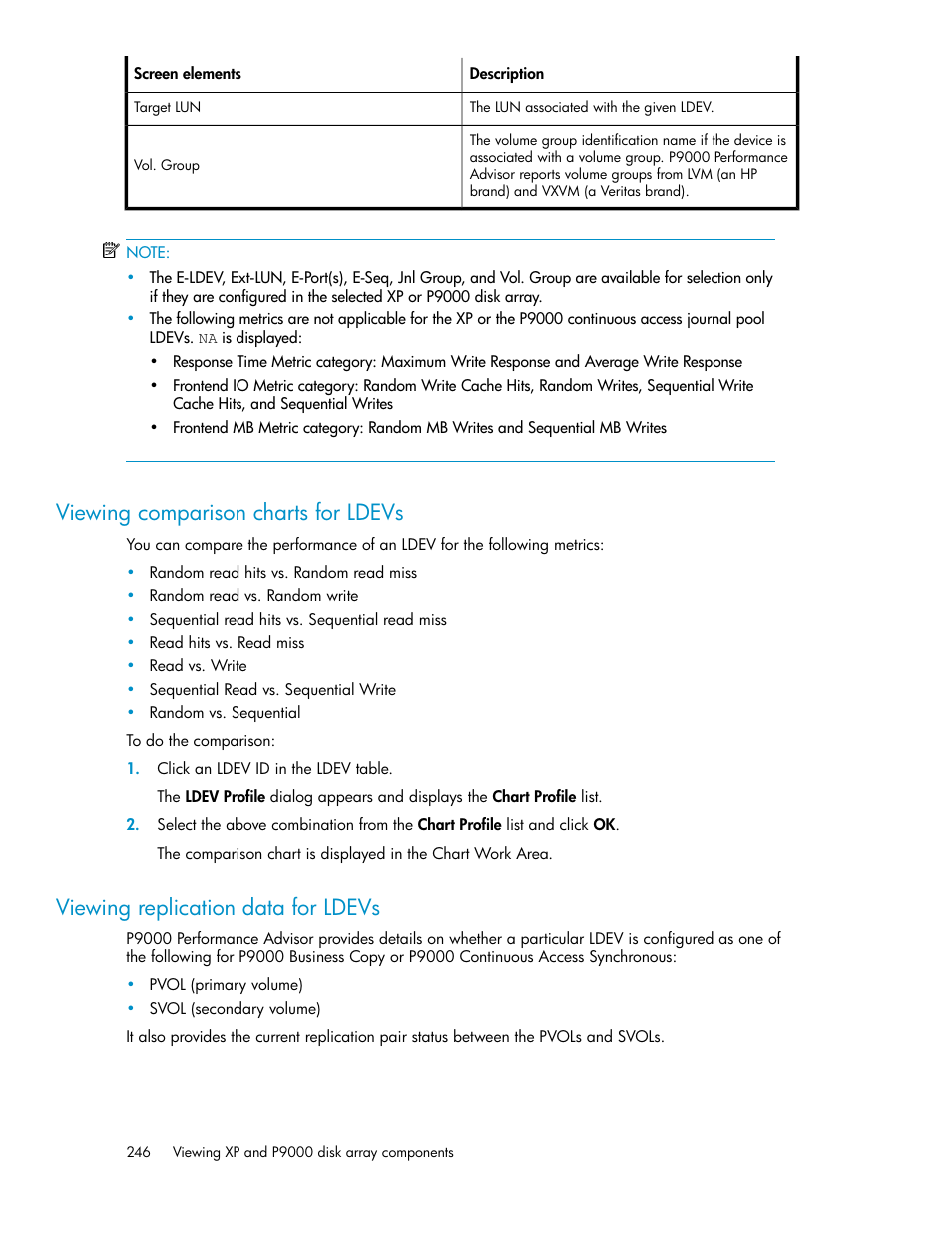Viewing comparison charts for ldevs, Viewing replication data for ldevs, 246 viewing replication data for ldevs | HP XP P9000 Performance Advisor Software User Manual | Page 246 / 476