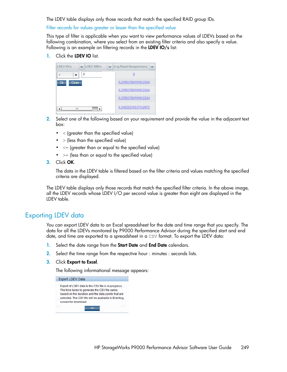 Exporting ldev data | HP XP P9000 Performance Advisor Software User Manual | Page 249 / 476