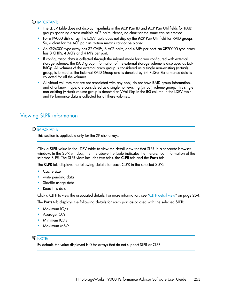 Viewing slpr information, Slpr detail view | HP XP P9000 Performance Advisor Software User Manual | Page 253 / 476