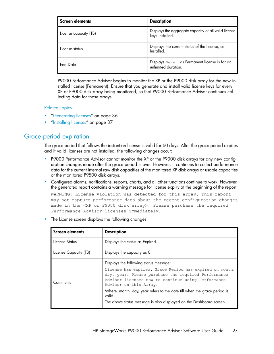 Grace period expiration, Grace period, Expiration | HP XP P9000 Performance Advisor Software User Manual | Page 27 / 476