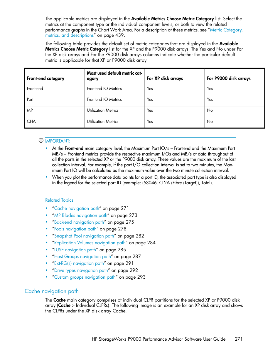 Cache navigation path, Cache, Navigation path | HP XP P9000 Performance Advisor Software User Manual | Page 271 / 476