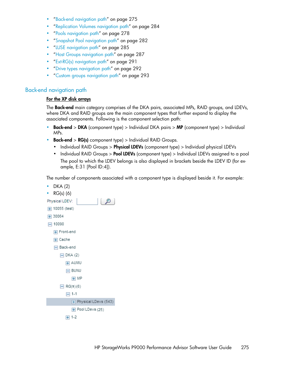 Back-end navigation path, Back-end navigation, Path | HP XP P9000 Performance Advisor Software User Manual | Page 275 / 476