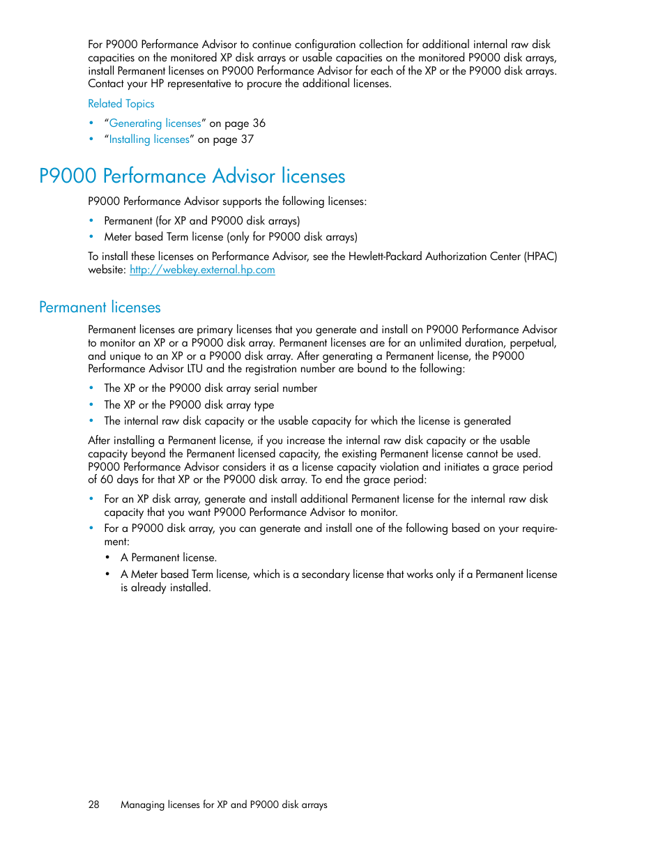 P9000 performance advisor licenses, Permanent licenses | HP XP P9000 Performance Advisor Software User Manual | Page 28 / 476