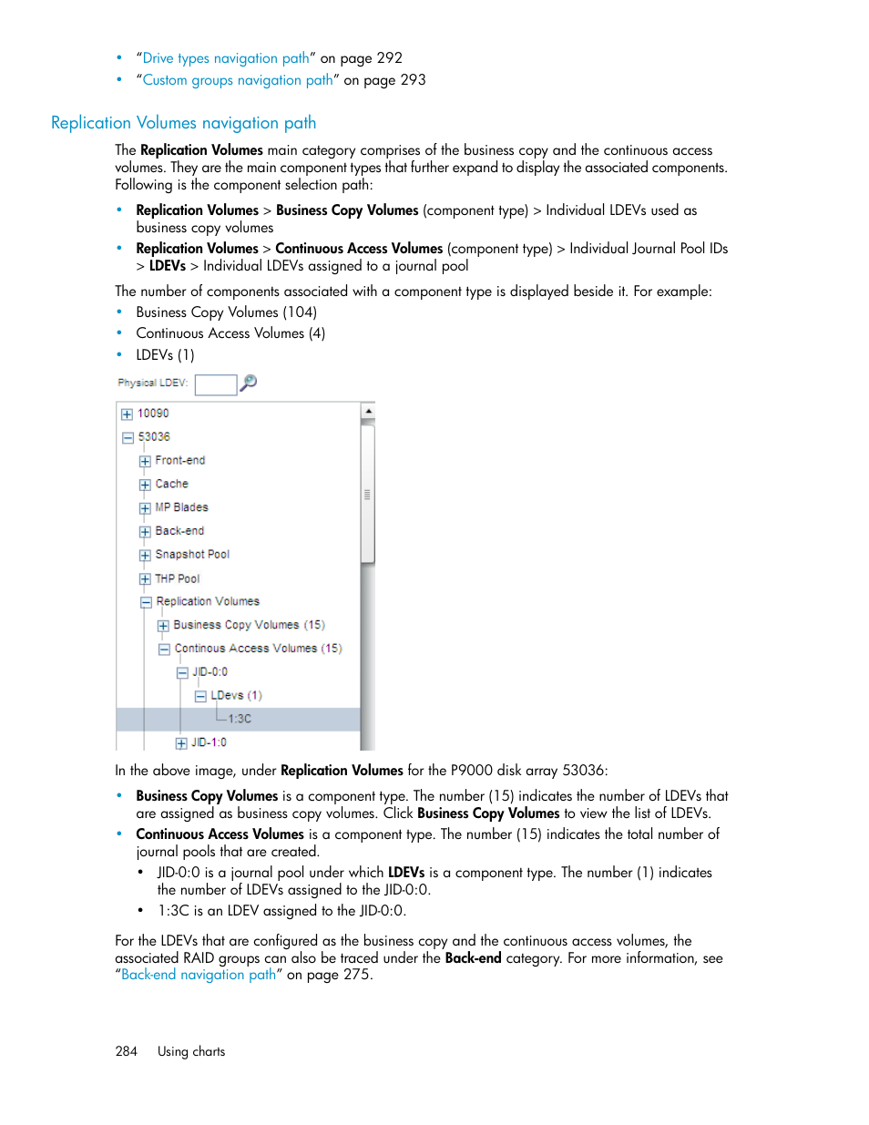 Replication volumes navigation path, Replication volumes navigation, Path | HP XP P9000 Performance Advisor Software User Manual | Page 284 / 476