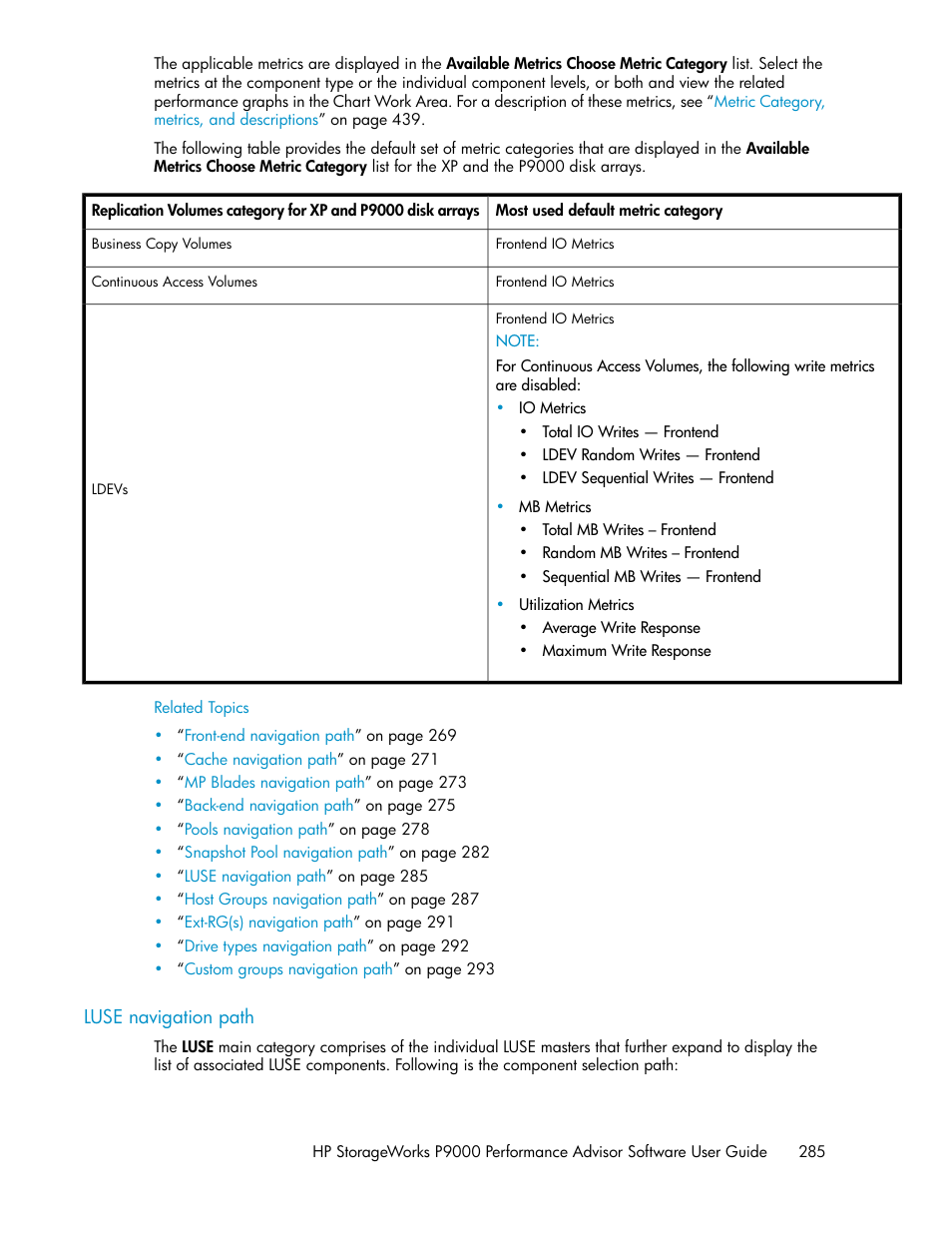 Luse navigation path, Luse navigation, Path | HP XP P9000 Performance Advisor Software User Manual | Page 285 / 476