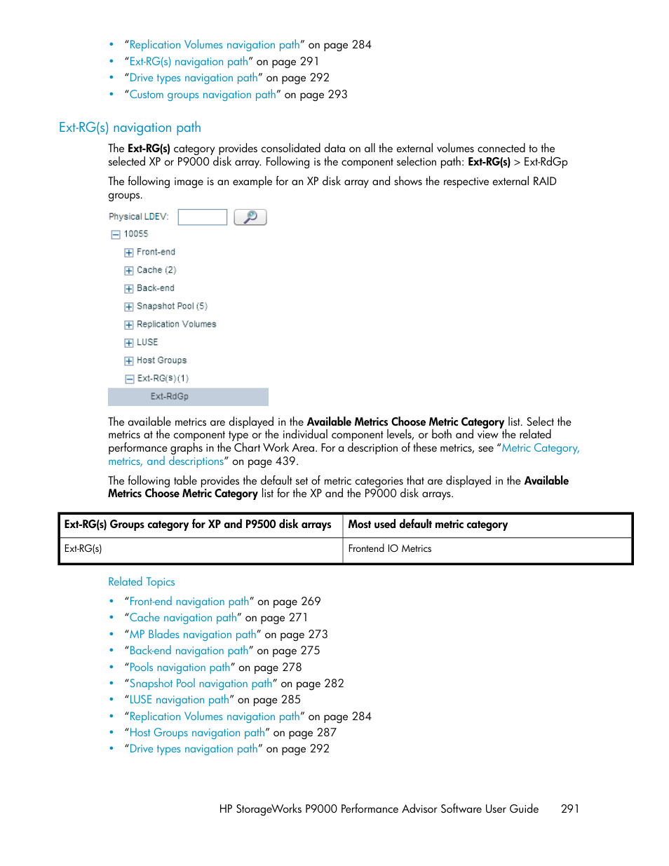 Ext-rg(s) navigation path, Ext-rg(s), Navigation path | HP XP P9000 Performance Advisor Software User Manual | Page 291 / 476