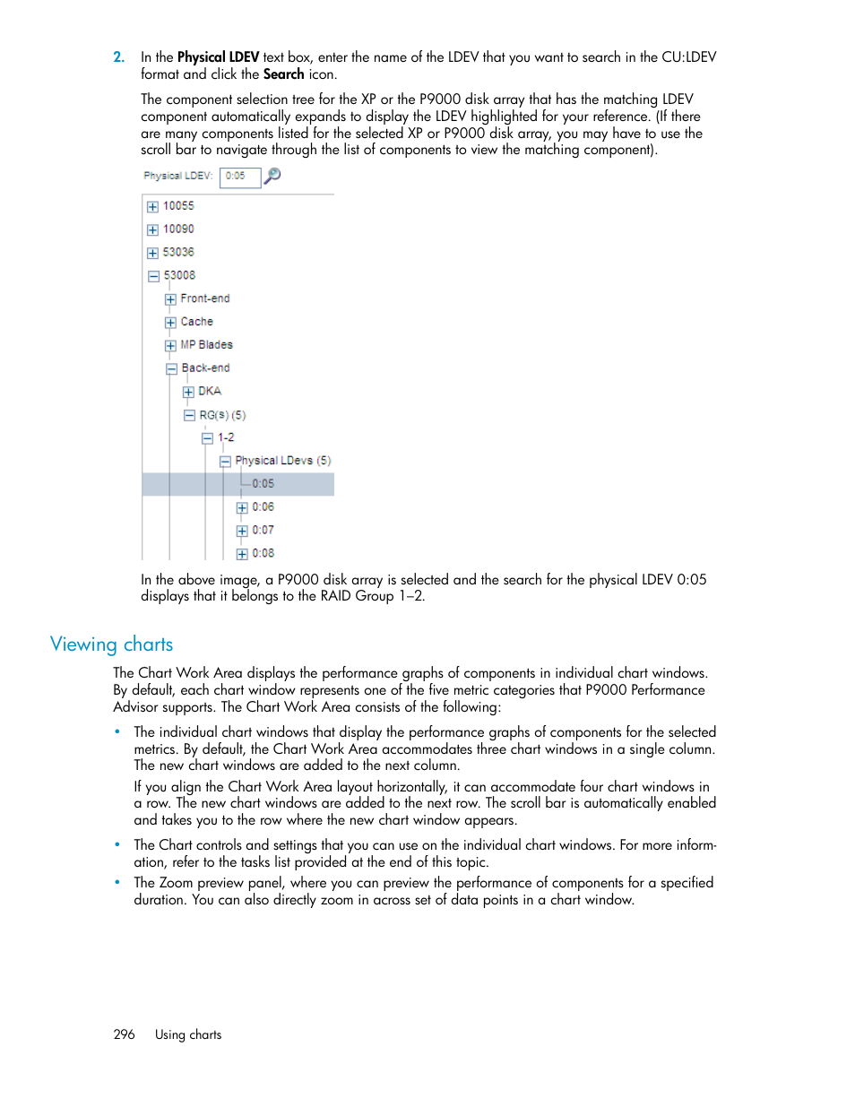 Viewing charts | HP XP P9000 Performance Advisor Software User Manual | Page 296 / 476