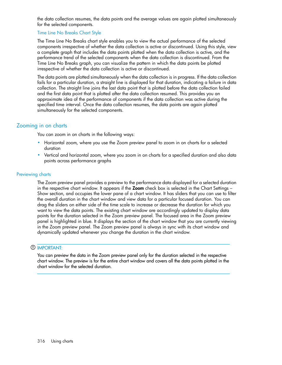 Zooming in on charts, Previewing charts | HP XP P9000 Performance Advisor Software User Manual | Page 316 / 476