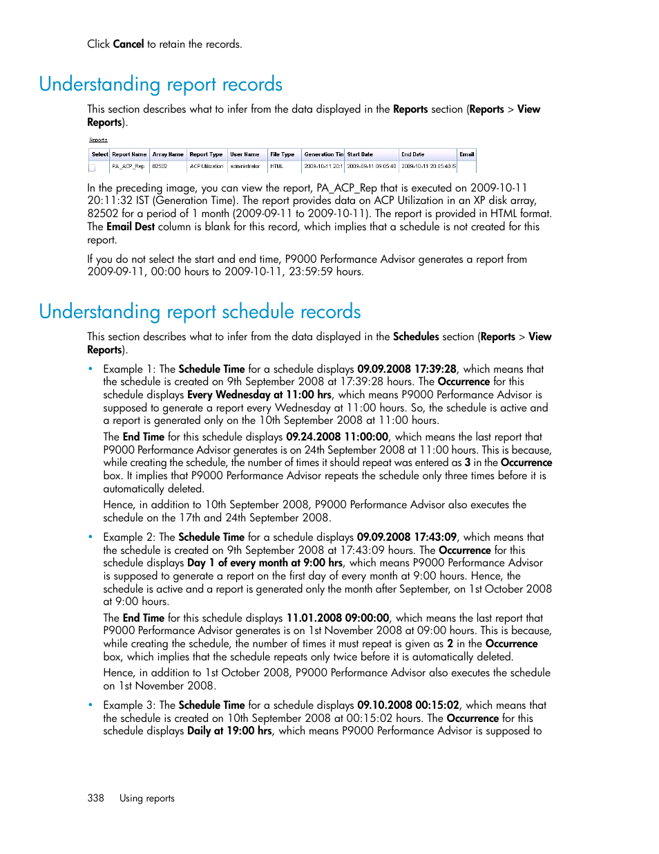 Understanding report records, Understanding report schedule records, 338 understanding report schedule records | HP XP P9000 Performance Advisor Software User Manual | Page 338 / 476