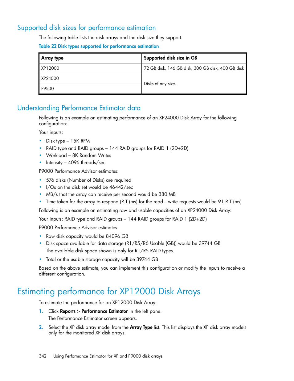 Supported disk types for performance estimation, Supported disk sizes for performance estimation, Understanding performance estimator data | Estimating performance for xp12000 disk arrays, 342 understanding performance estimator data, Disk types supported for performance estimation | HP XP P9000 Performance Advisor Software User Manual | Page 342 / 476