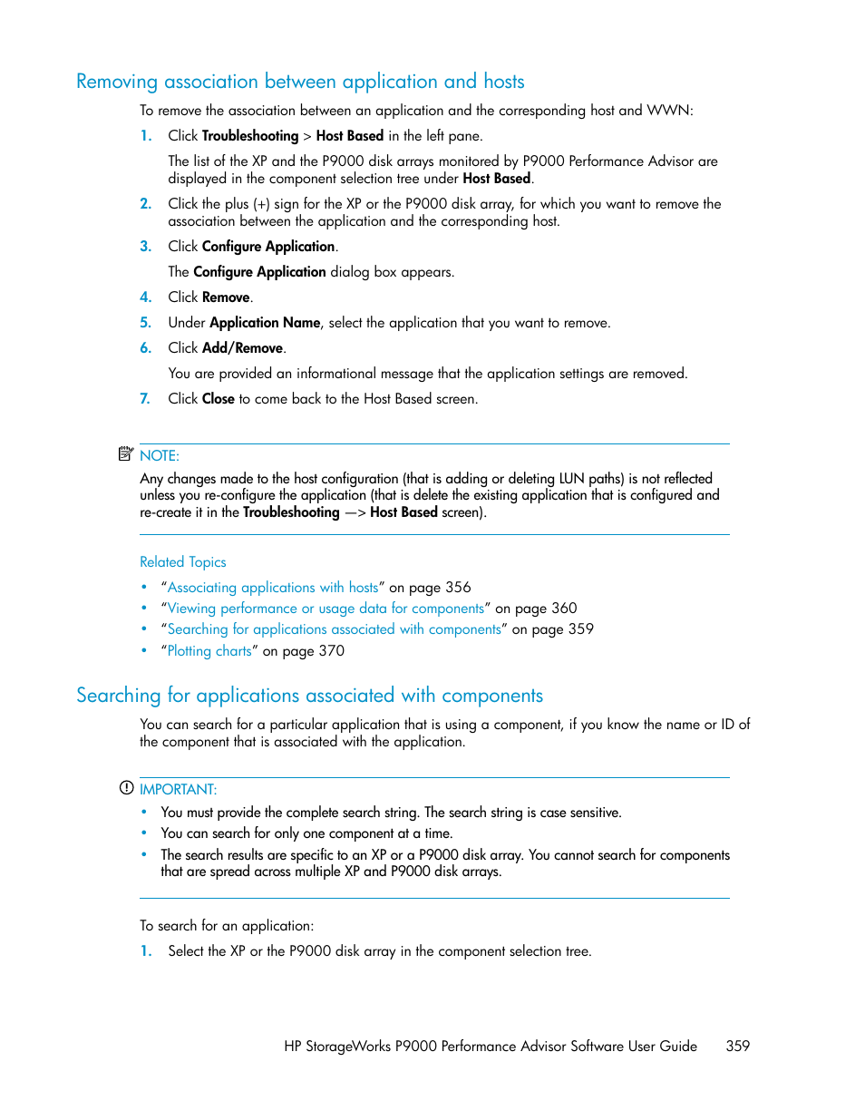 Removing association between application and hosts | HP XP P9000 Performance Advisor Software User Manual | Page 359 / 476