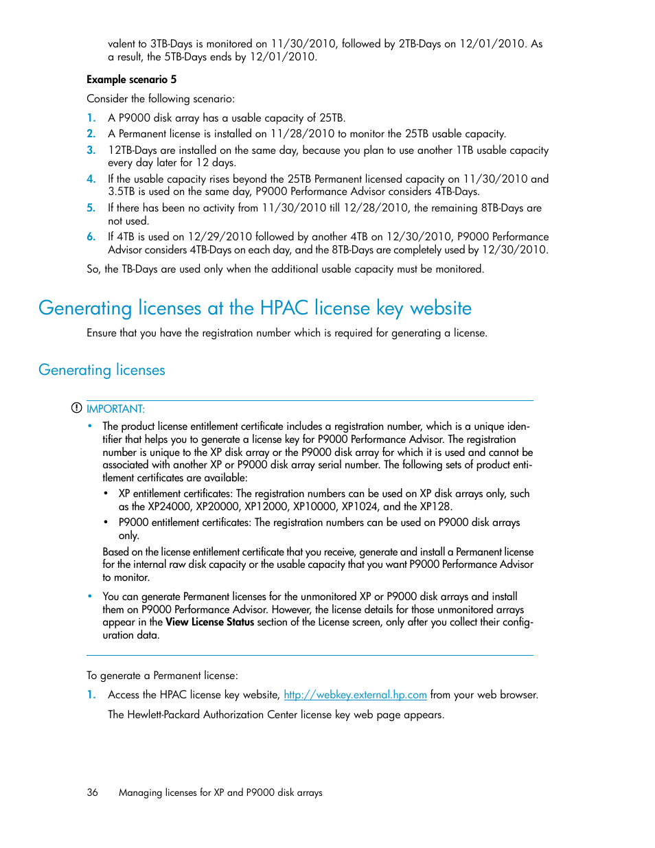 Generating licenses, Generating licenses at the hpac license key web, Site | At the hpac license key website | HP XP P9000 Performance Advisor Software User Manual | Page 36 / 476